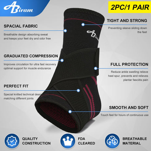 ABIRAM Ankle Brace for Women & Men - Compression Sleeve with Strap (1 Pair), Ankle Support for Sprained Foot & Plantar