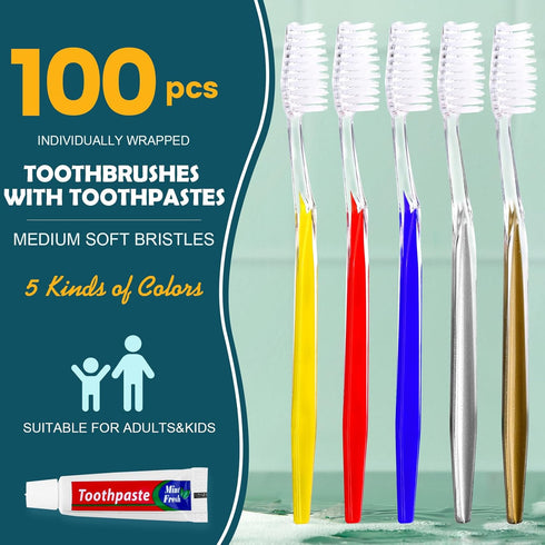 100 PCS Individually Wrapped Bulk Toothbrushes with Toothpastes, Colorful Manual Disposable Toothbrushes for Adult or Kid, Ergonomics Handle, Medium Soft Bristles, Perfect for Travel, Hotel, Donation