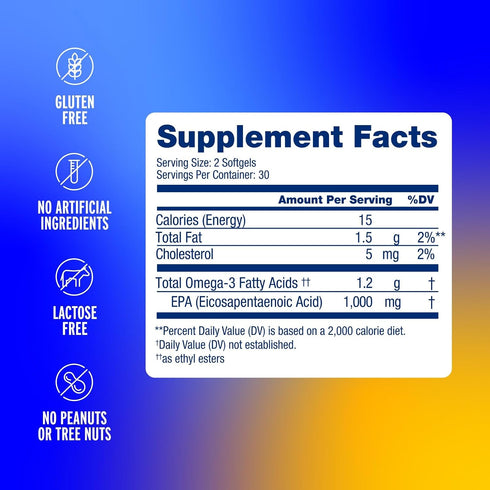 Omega-3 1000mg 60 Count Oceanblue Essentials Mood Food | Triple Strength Fish Oil EPA for Mood Support | Burpless Mini
