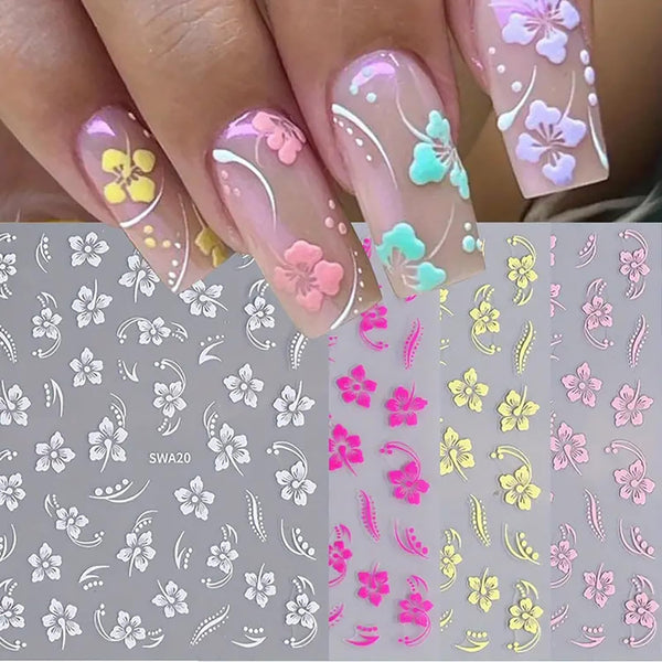 4Pcs Flower Nail Stickers for Nail Art, 3D Self-Adhesive Hibiscus Decals in White Pink Yellow for Women DIY Manicure
