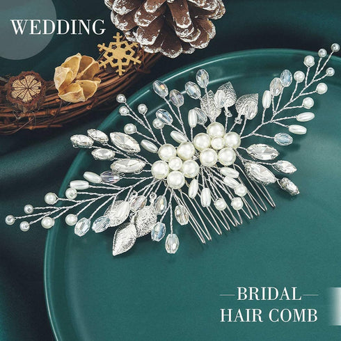 Yean Bride Leaf Bridal Hair Comb, Pearl Wedding Hair Piece, Rhinestone Hair Accessories for Women and Girls (Silver)
