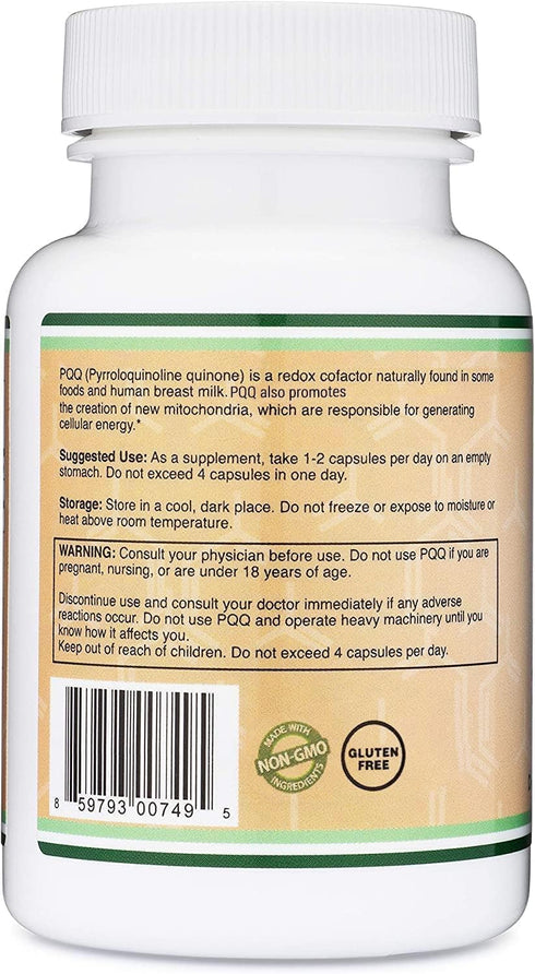 PQQ Supplement 20mg, 60 Capsules, Promotes Mitochondria ATP Levels, Energy Optimizer & Sleep Support by Double Wood