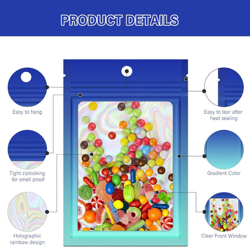 100 Pieces Resealable Mylar Ziplock Bags, Holographic Gradient with Clear Window, 4.1x5.9 Inch Party Sample Bags