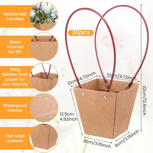 hidyuuoo 30 (12.5 4.9 3.1 Inch) Pcs Paper Bouquet Holder with Handle - Flower Holder & Flower Bar Supplies, Brown