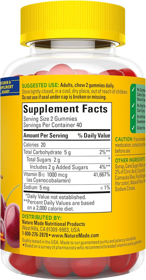Nature Made Energy B12 1000 mcg, Dietary Supplement for Energy Metabolism Support - 80 Gummies, 40 Day Supply