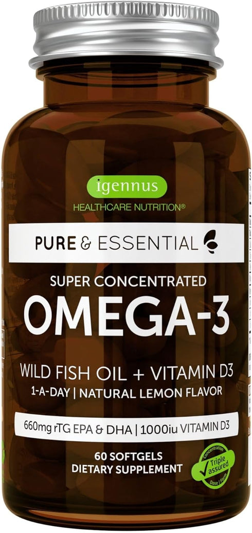 Pure & Essential Omega-3 & D3, 60 Softgels - 1000iu, Fast-Acting rTG for Eyes, Heart & Brain Function