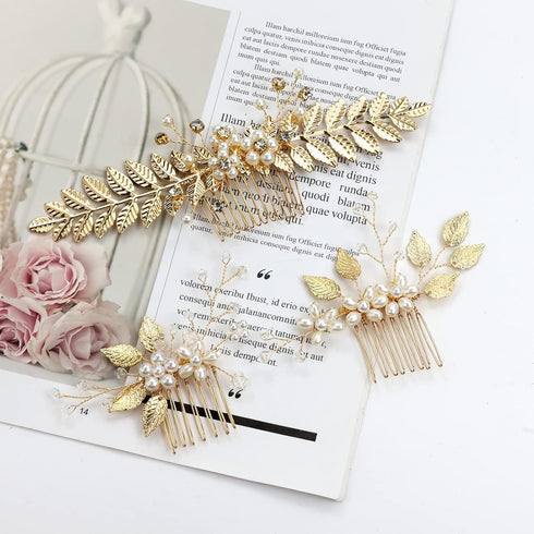 inSowni 21 Pack Gold Leaf Flower Bridal Wedding Hair Combs + U-shaped Pearls Hair Pins Accessories