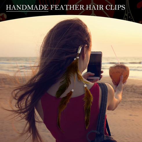 ICYANG Halloween Women Feather Hair Clips, 6 Pieces Handmade Boho Hair Extensions