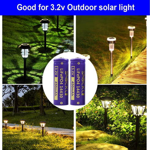 Shockli 14430 3.2V 450mAh LiFePO4 Rechargeable Solar Battery for Outdoor Garden Light, 2-Pack