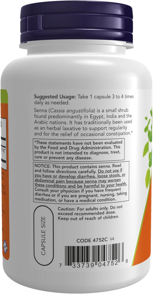 NOW Supplements Senna Leaves 470mg - 100 Veg Capsules Herbal Laxative for Regularity