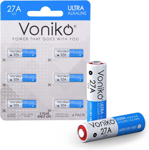 Voniko 27A 12V Alkaline Battery, Pack of 6 Long Lasting A27 Battery for Remote and Doorbells
