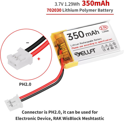 YELUFT 2pcs 3.7V 350mAh 1S 1C 702030 PH2.0 Lithium Polymer Battery Rechargeable Batteries with Protective Board