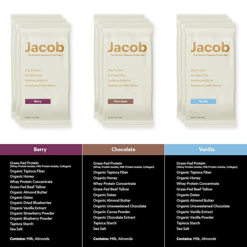 Pack (9 3 20g Jacob Bar, Protein Bars, Variety Bars Total) Contains of Each; Chocolate, Vanilla, Berry - Grass-Fed