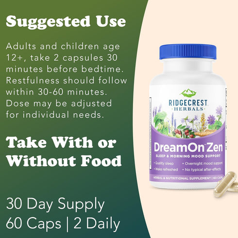 Ridgecrest Herbals DreamOn Zen Sleep Support Supplement, Melatonin Free, 60 Caps for Adults and Children 12+