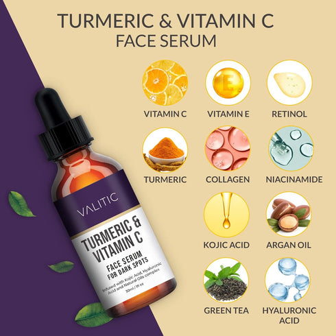 VALITIC Vitamin C Face Serum - 1 fl oz Anti-Aging Brightening Serum with Hyaluronic Acid & Turmeric Oil