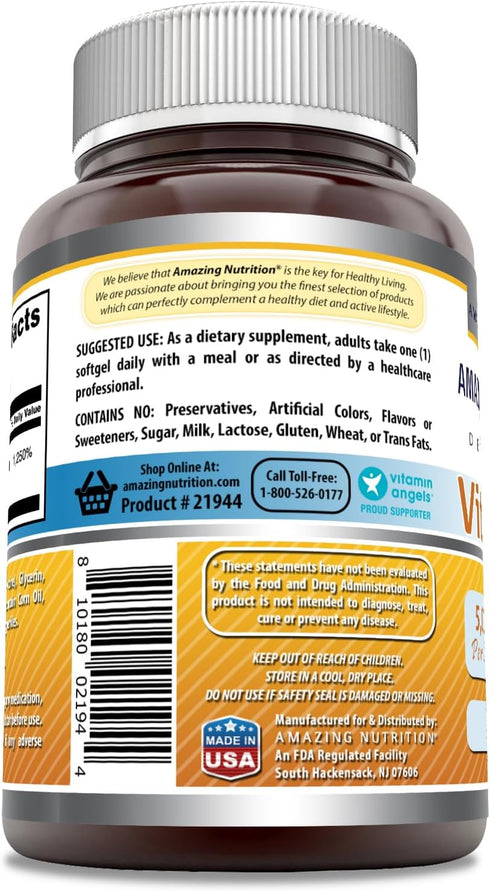 Amazing Formulas Vitamin D3 Cholecalciferol Supplement | 5000 IU Softgels, Non-GMO, Gluten-Free, 180 Count