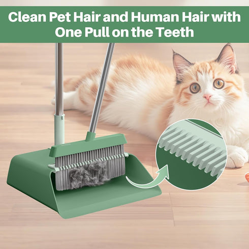 Set, JOYMOOP Dark Teal Green Broom and Dustpan Upright Angle with Built-in Comb Teeth, Ideal for Home, Office