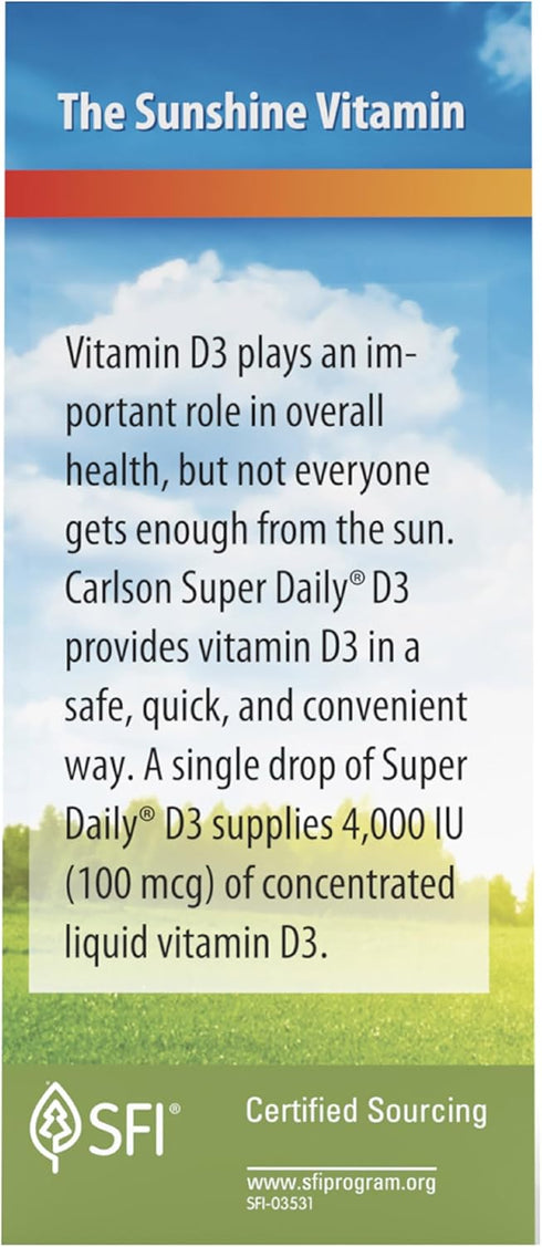 Carlson Super Daily D3 4,000 IU (100 mcg) Vitamin D Drop, Liquid Unflavored, 1-Year Supply, 365 Drops (10.3 mL)