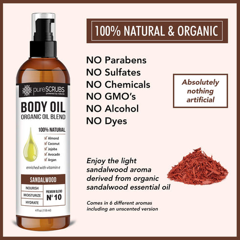 pureSCRUBS Ultra Moisturizing Sandalwood Body Oil | 4oz Organic Blend for Dry Skin & Massage