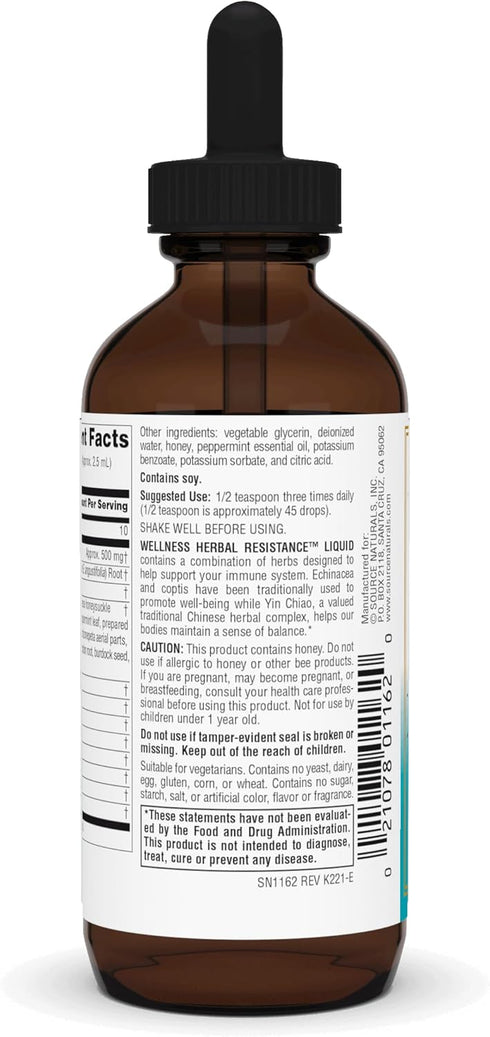 Source Naturals Wellness Herbal Resistance Liquid, Echinacea, Coptis, Yin Chiao, Immune Support, 4 Fl Oz
