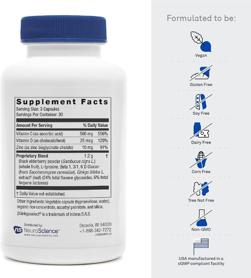 NeuroScience ImmuWell - Balanced Immune Response, Energy & Mood Support with Zinc, Vitamin C, D, Elderberry - 90