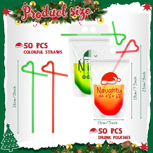 Zhanmai 50 Set Christmas Drink Pouches With Straws - Reclosable Plastic Bags for Adults - Team Naughty Team Nice - Xmas