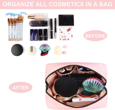 MAANGE 2 Pcs Portable Makeup Bag for Women, Travel Cosmetic Pouch, PU Leather (Pink+Green)