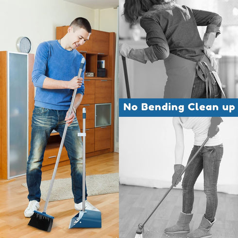 Standing Dustpan and Broom Set with 52" Long Extendable Handle for Indoor, Kitchen, Office & Lobby Cleaning