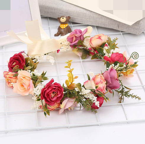 Rose Flower Crown, Bridal Floral Headband, Hair Wreath, Boho Halo for Wedding Party Festival