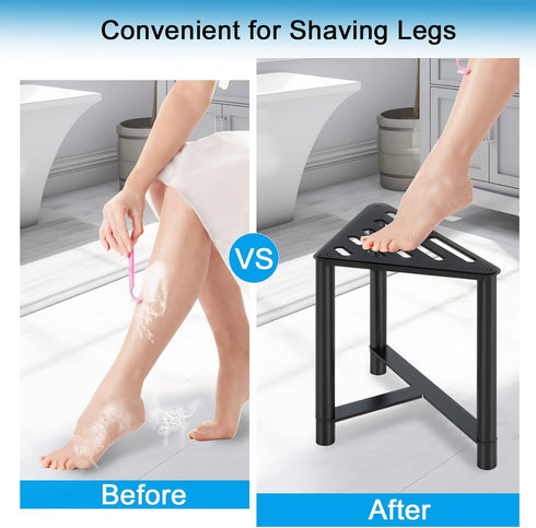 13.78" Shower Stool for Inside Shower, D Stainless Steel Shaving Foot Rest, Waterproof Corner Bench, Black Seat