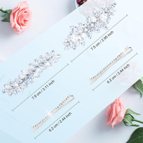 WHAVEL 4Pcs Hair Clips, Rhinestone Hair Pins for Women, Silver Bridal Barrettes, Wedding Hair Accessories