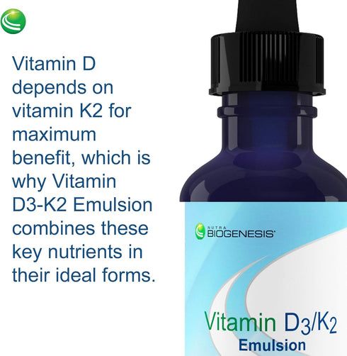 Nutra Biogenesis Vitamin D3/K2 Emulsion, Liquid Vitamin D Drops with MCT Oil, 1 Fl Oz Bottle