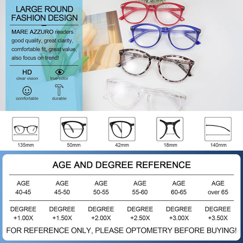 MARE AZZURO Women's Reading Glasses, 3.0 Round Reader +3.00 for Female with Spring Hinge