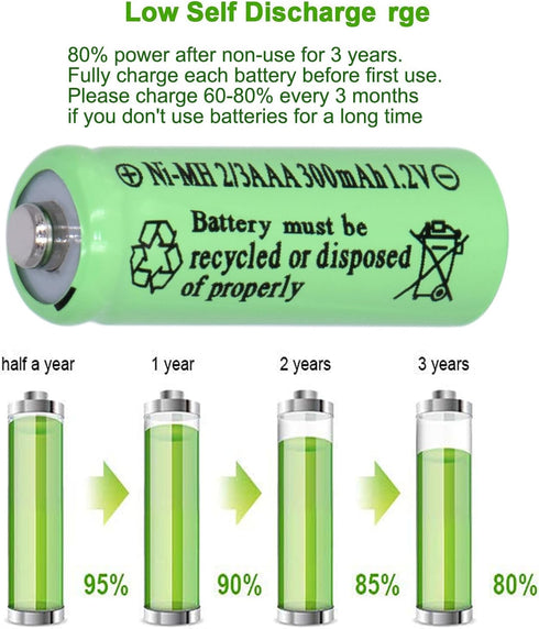 8 Packs Ni-MH 2/3AAA 1.2V 300mAh Rechargeable Batteries Button Top 3A (Not AAA Size Batteries)