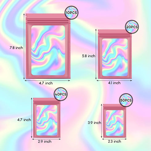 120 PCS Smell Proof Mylar Bags Resealable Odor Proof Bags Holographic Packaging Pouch Bag with Clear Window for Food Storage Eyelash Jewelry Candy Electronics Storage, 4 Sizes (Black) (PINK)