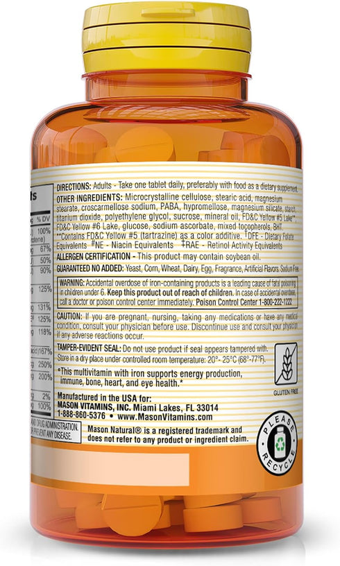 MASON NATURAL Daily Mini Multi Vitamins with Iron, 100 Day Supply (1 Pack) - Vitamins A, C, D, E, B1, B2, B3, B6, B12