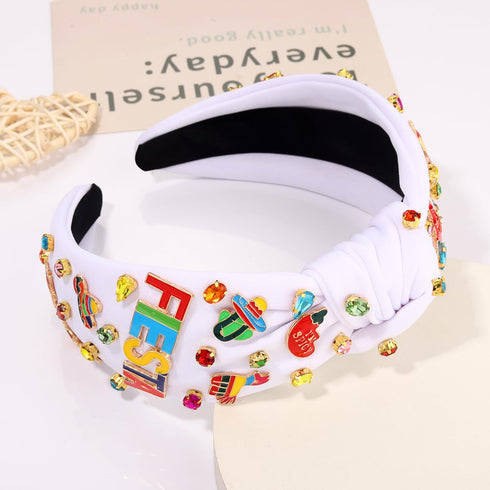 Mexican Headband for Women, Cinco De Mayo Beaded Fiesta Knotted Headband with Rhinestones (Fiesta 1)