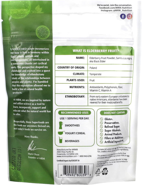 MRM Nutrition Organic Elderberry Fruit Powder | Superfoods | Immune superberry | Antioxidants + Fiber | Vegan + Gluten-free | 45 servings