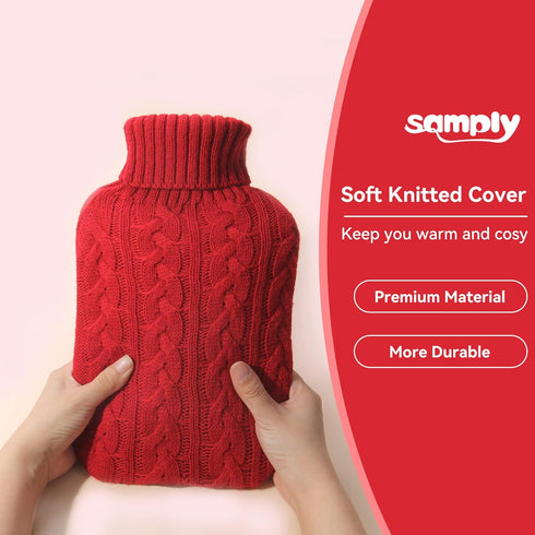 samply Hot Water Bottle with Knitted Cover, 2L Hot Water Bag for Hot and Cold Compress, Pain Relief, Red