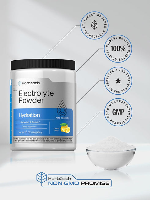 Horbaeach Electrolytes Powder, 16 oz, 130 Servings, Vegetarian, Keto-Friendly, Lemon Flavor