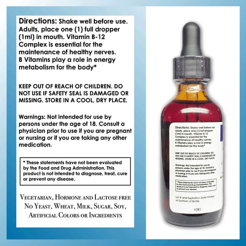 Vitamin B12 Complex Liquid Sublingual Drops, Fast Absorption, 2 fl oz - 60 Day Supply