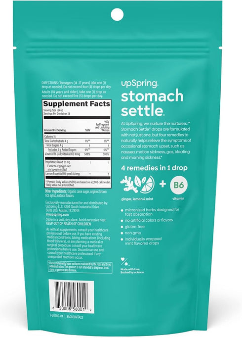UpSpring Stomach Settle Drops - Occasional Nausea Relief with Ginger, Lemon, Spearmint, B6, Mint Flavor, 28 Ct