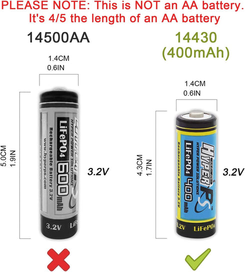 (8-Pack) HyperPS 3.2V LiFePo4 14430 (14 x 43mm) 400mAh Rechargeable Battery for Solar Panel Light, Tooth Brush, Shaver, Flashlight