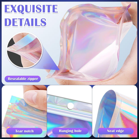 JETMORE 100 Pcs Smell Proof Mylar Bags with Clear Window, Resealable Holographic Bags for Snack, Jewelry, Gift