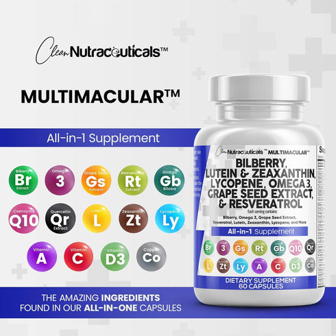 Eye Health Vitamins with Bilberry 6000mg, Lutein & Zeaxanthin 40mg, Omega 3 4000mg - 60 Capsules
