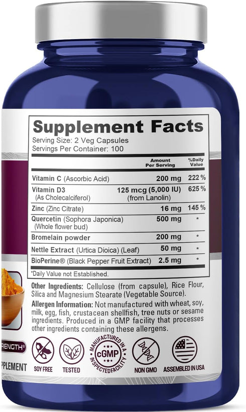 NusaPure Quercetin complex: Bromelain, Vitamin C, Vitamin D3, Stinging Nettle, Zinc | 200 Veggie Caps (Non-GMO, Bioperine)