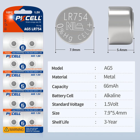 PKCELL LR754 AG5 1.5 309 393 SR754W (20 Count (Pack 1)) Battery Button Cell Battery Volt Alkailine Coin Batteries