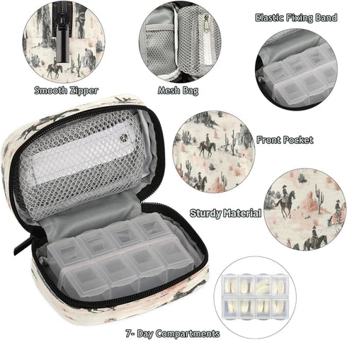 Hsnar 7 Western Desert Cowboy Weekly Pill Case Travel Pill Container with Removable Day Pill Organizer for Fish Oil