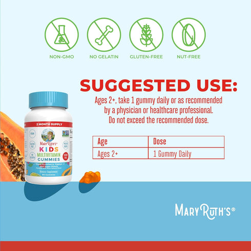MaryRuth Organics Kids Vitamins, Sugar Free, 2 Month Supply, Vegan Multivitamin Gummies for Ages 2+, 60 Count