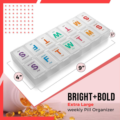 Large Weekly Pill Organizer, 2 Pack AM PM Pill Box for Medication, XL 7 Day Organizer with Braille
